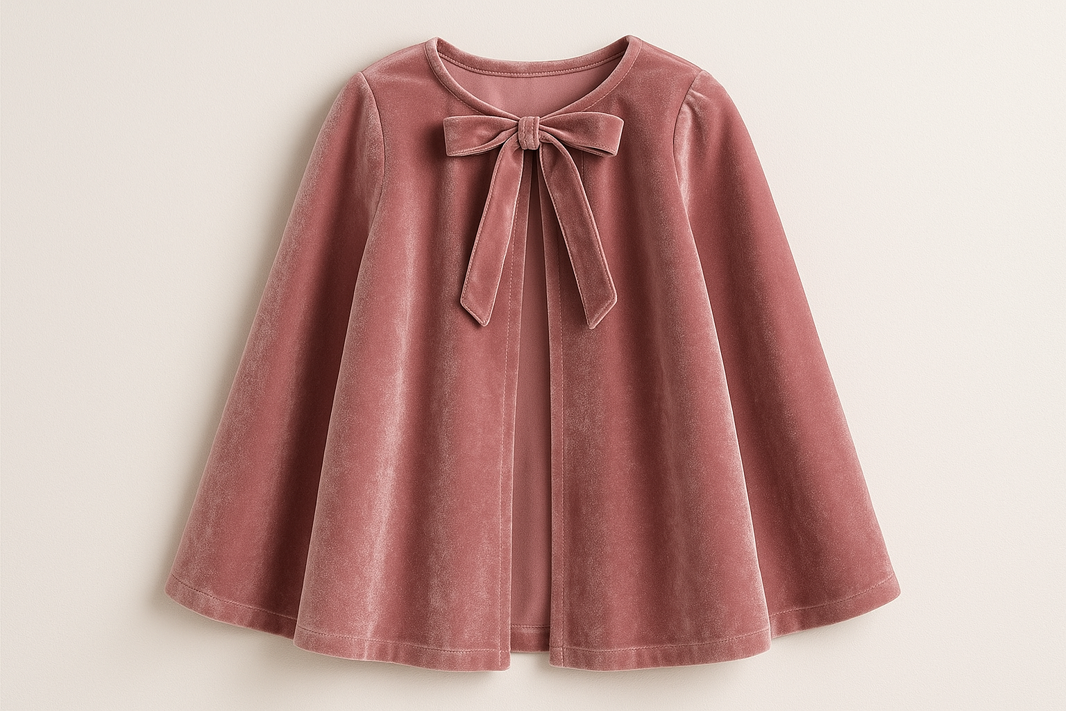 capa para niña, no muy larga, de cuello simple y lazo para atar delante, de terciopelo color rosa empolvado