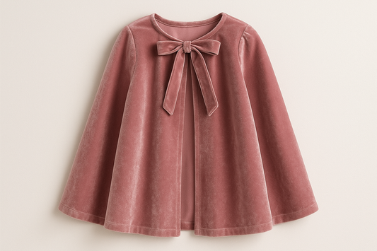 capa para niña, no muy larga, de cuello simple y lazo para atar delante, de terciopelo color rosa empolvado