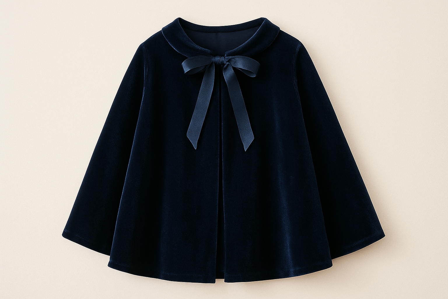 capa para niña no muy larga, sin capucha, con detalle de lazo para atar delante, de terciopelo color azul marino