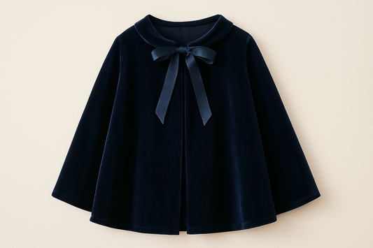capa para niña no muy larga, sin capucha, con detalle de lazo para atar delante, de terciopelo color azul marino