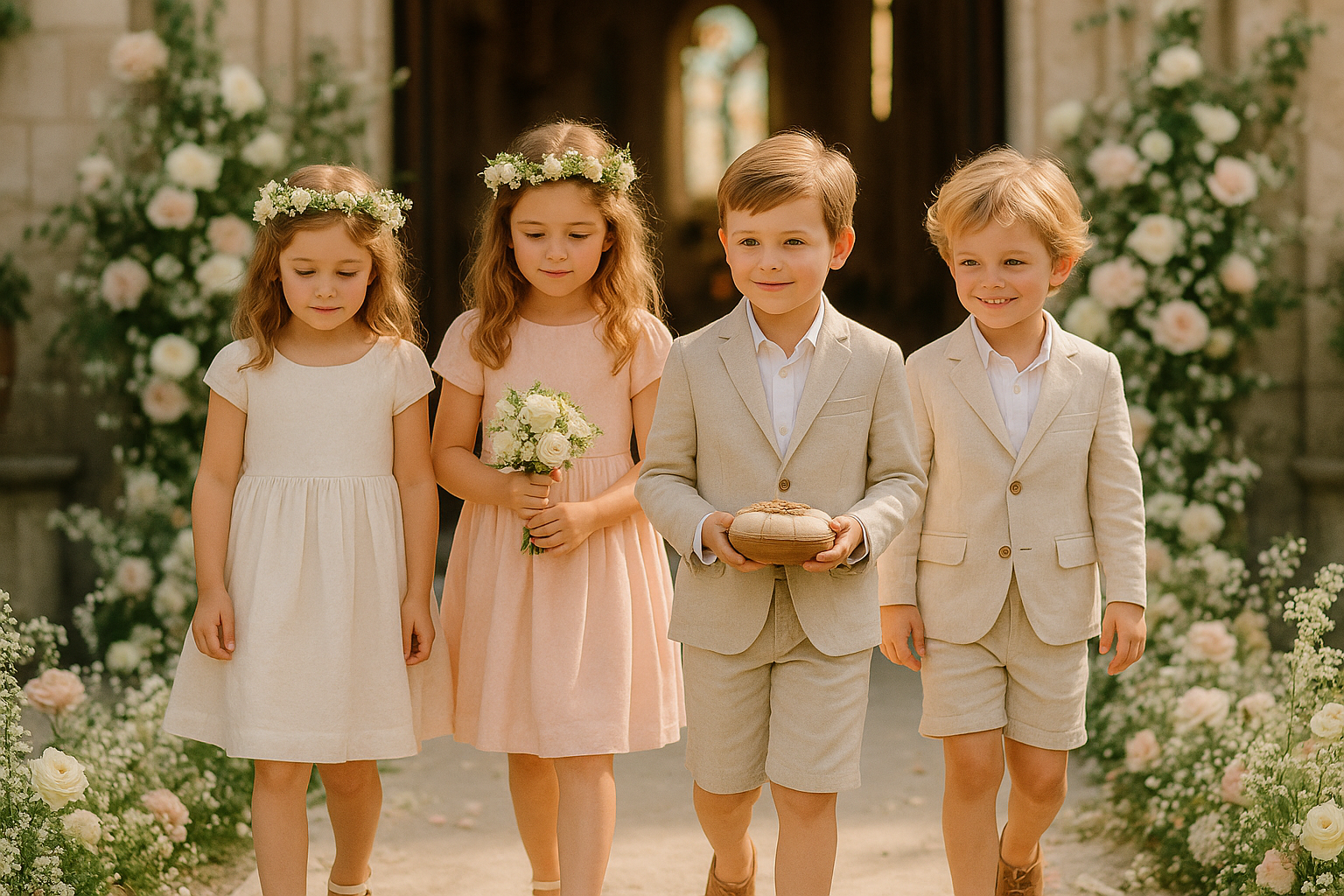 niños llevando las arras de la boda. ellas vistiendo vestidos y ellos conjuntos de lino